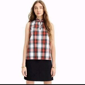 J Crew Stewart Tartan Plaid Cotton Poplin Ruffleneck Top, Keyhole Front, EUC, 10